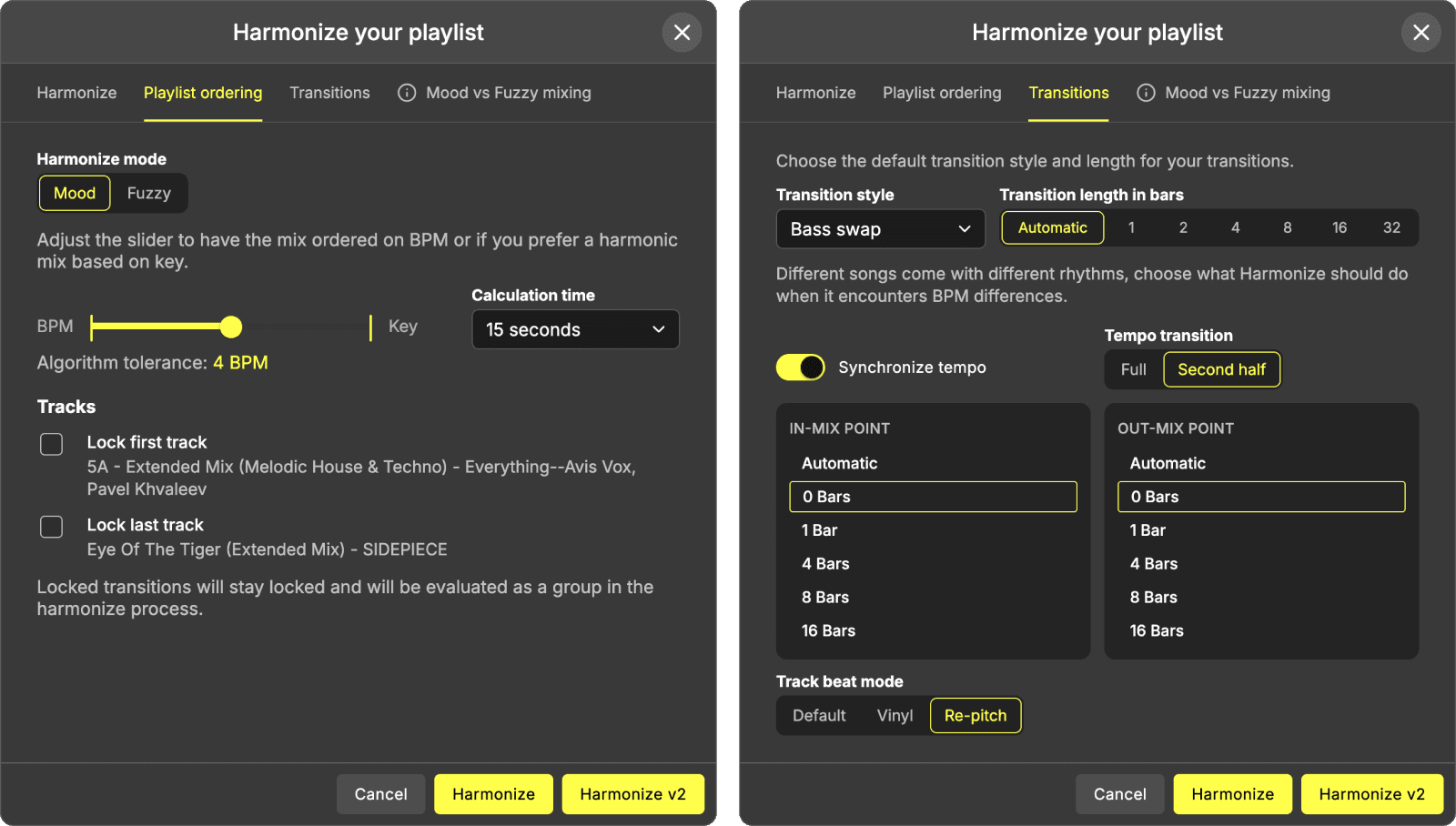 DJ.Studio Harmonize settings for playlist order, tempo and transition length